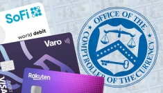 Illustration of official seal of Office of Comptroller of the Currency and credit/debit cards for SoFi, Varo and Rakuten